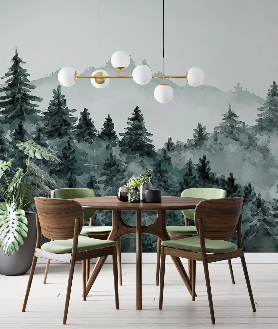 wall murals Акварел шумски пејзаж, магла, зелена боја, борови u98994