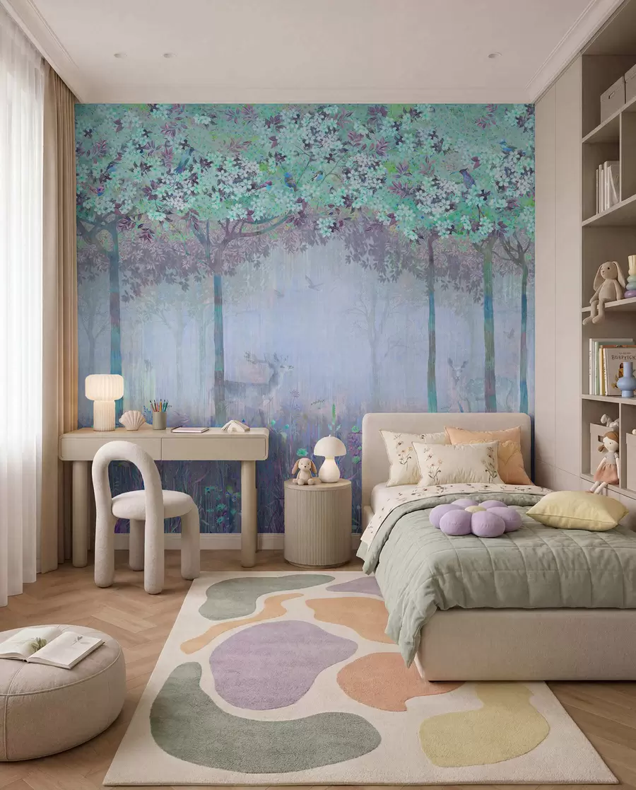 wall murals Jelen u plavoj cvjetnoj šumi u62100v1