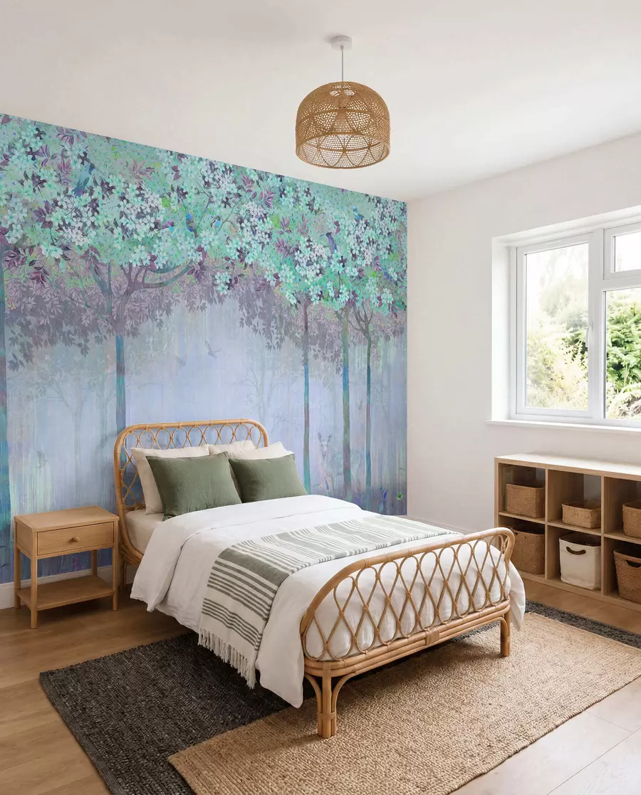 wall murals Цветно дрвеће са дугим стаблима, јелени међу дрвећем u62100v1