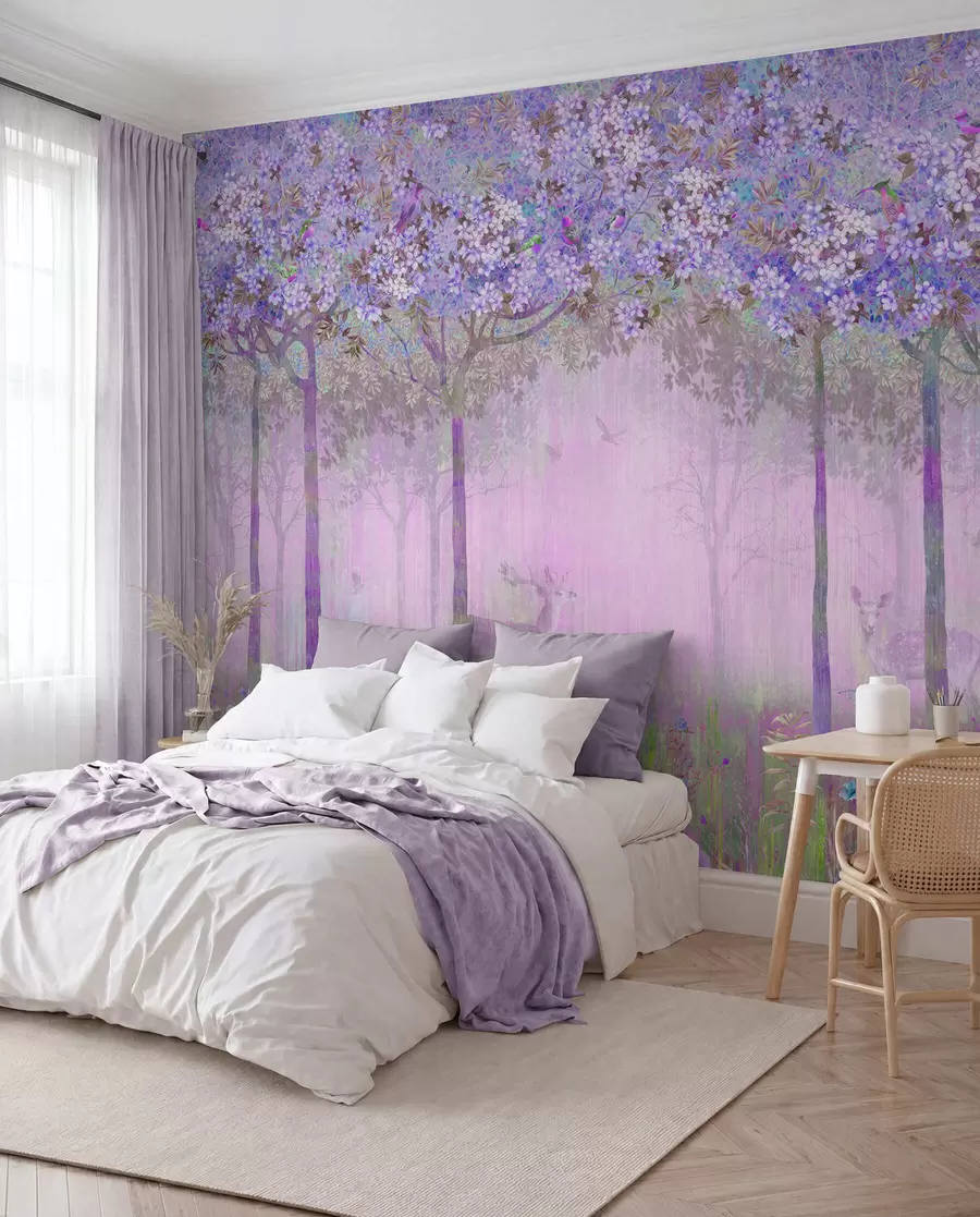 wall murals Цветно дрвеће са дугим стаблима, јелени међу дрвећем u62100v2