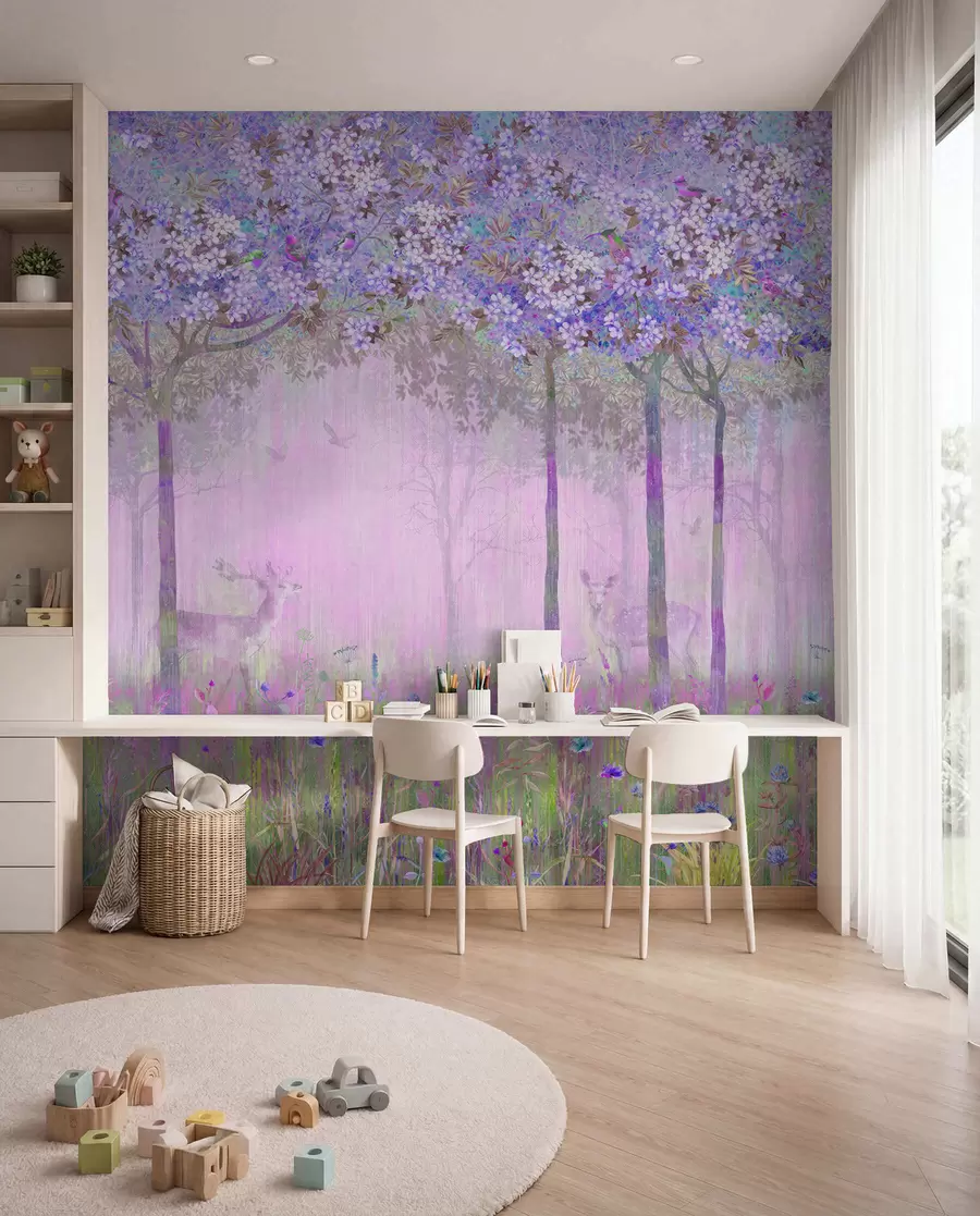 wall murals Цветно дрвеће са дугим стаблима, јелени међу дрвећем u62100v2