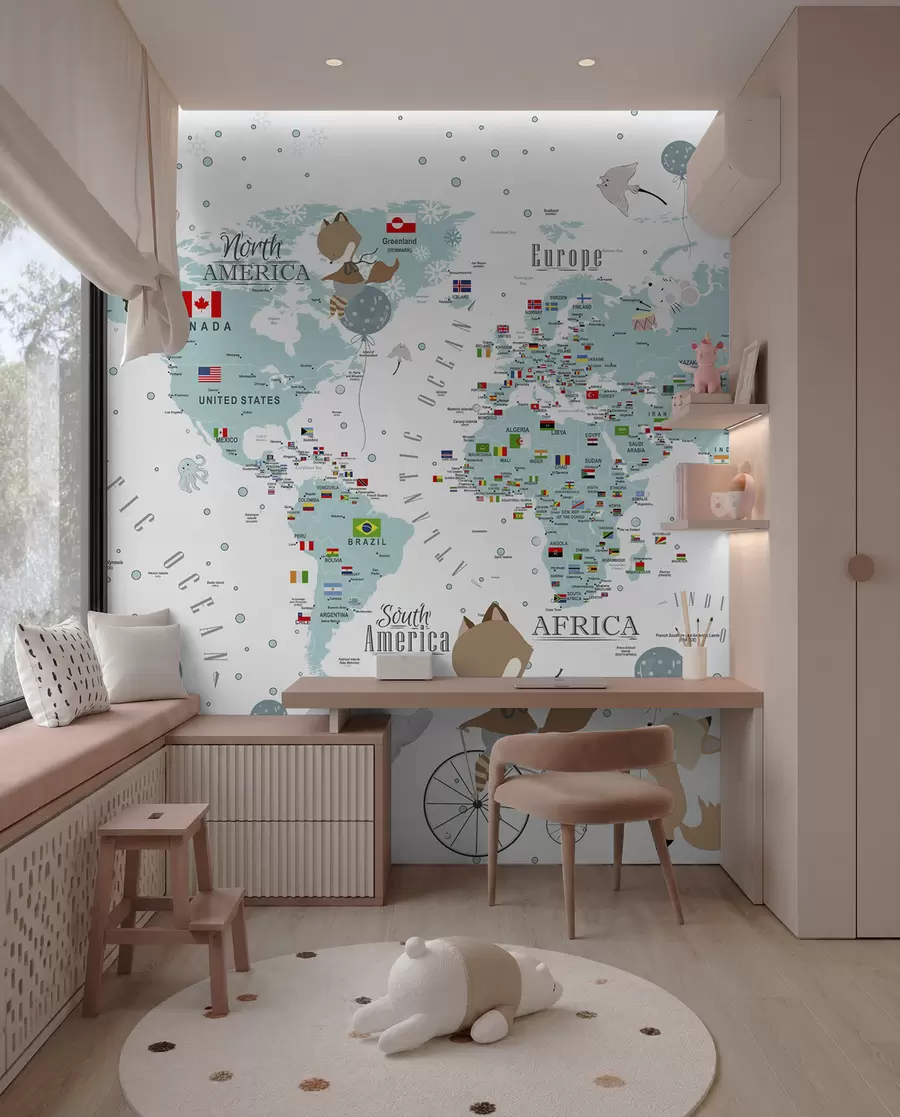wall murals Дечја мапа света са животињама u99228