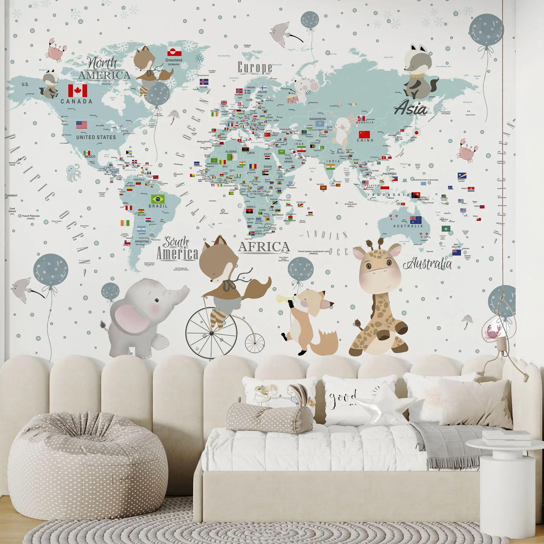 wall murals Дечја мапа света са животињама u99228