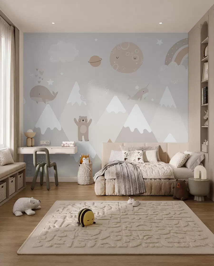 wall murals Планине са слатким животињама, облаци и планете, беж боје u99206