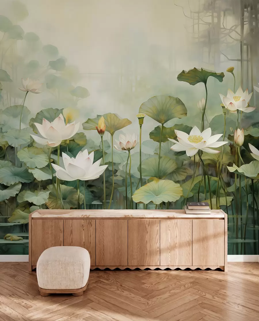 wall murals Цвеће лотоса у језеру, џунгла, тропска уметност, зеленило u99454