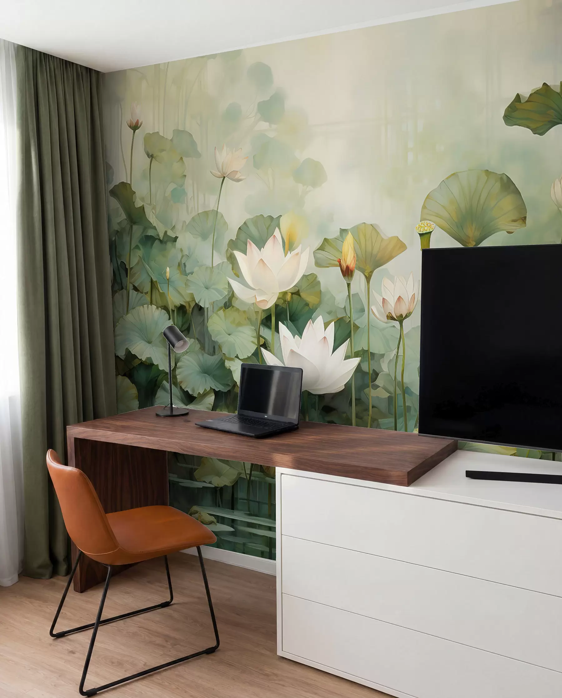 wall murals Цвеће лотоса у језеру, џунгла, тропска уметност, зеленило u99454