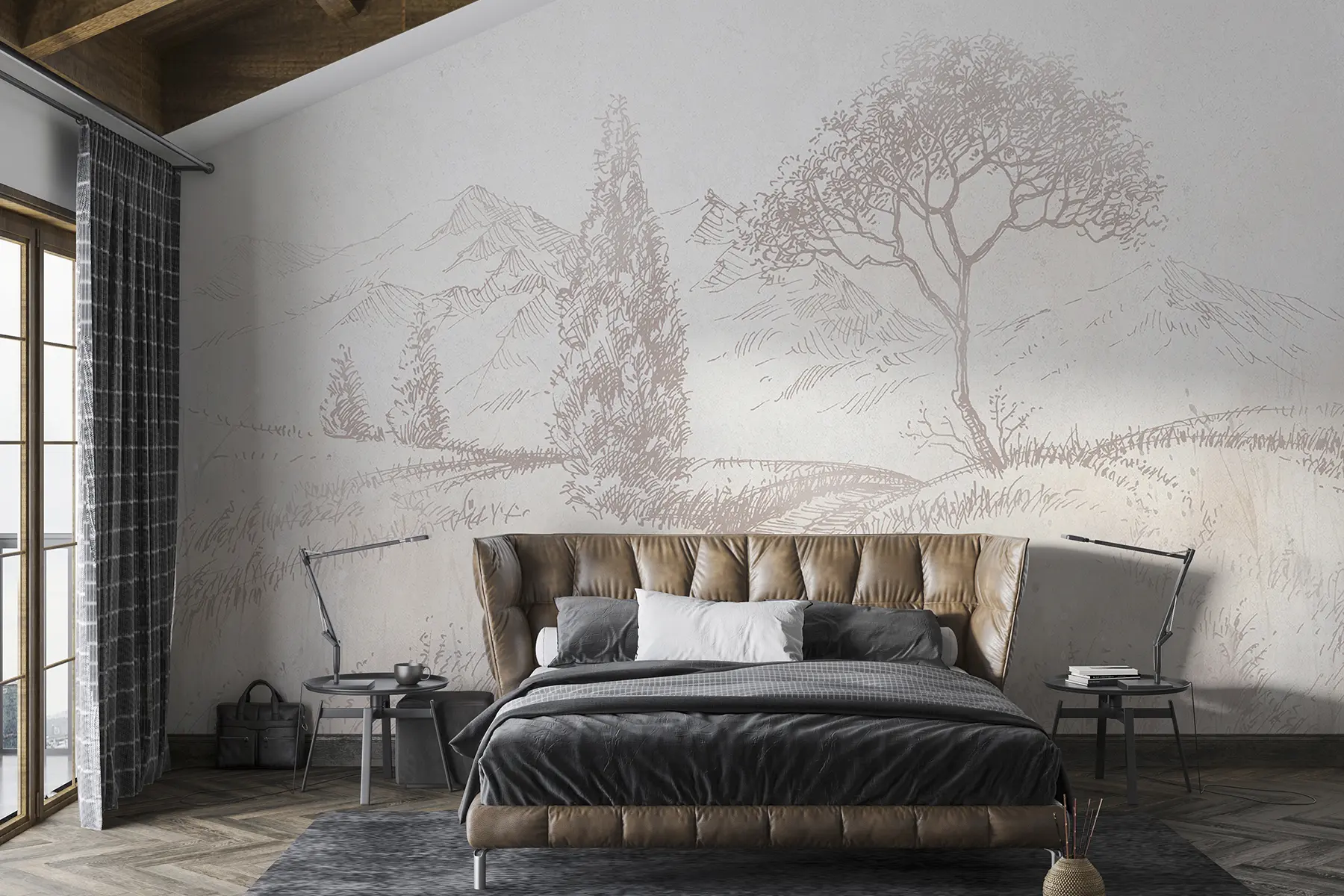 wall murals Тоскански пејзаж, дрво, поље, минимализам, природне беж боје u99570