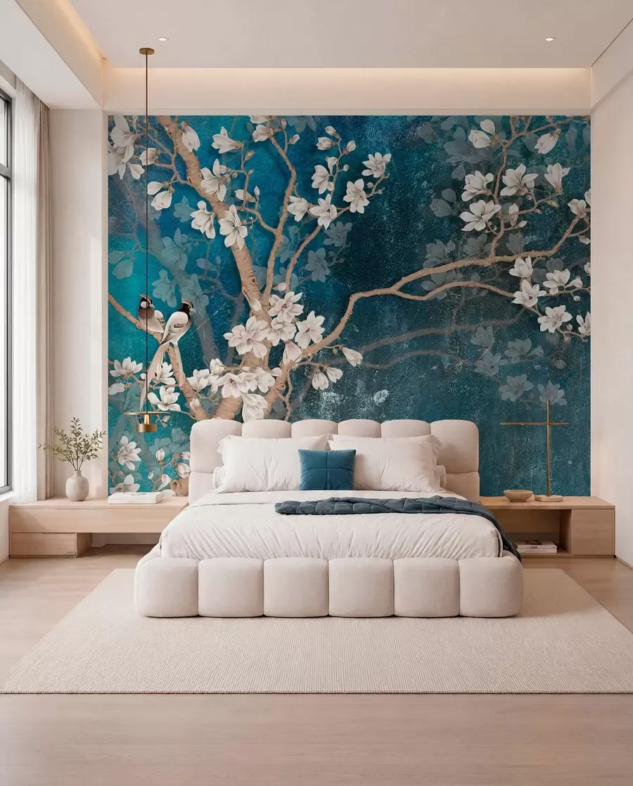 wall murals Ptice i cvjetovi na plavoj I u12150d1