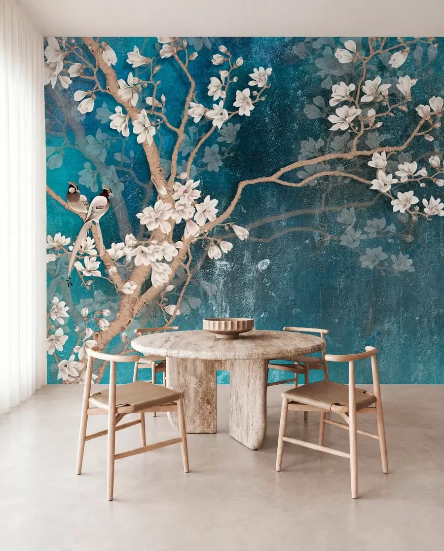 wall murals Ptice i cvjetovi na plavoj I u12150d1