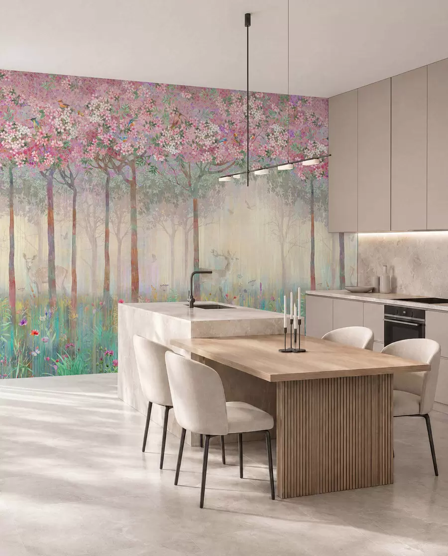 wall murals Цветно дрвеће са дугим стаблима, јелени између дрвећа u62100d2