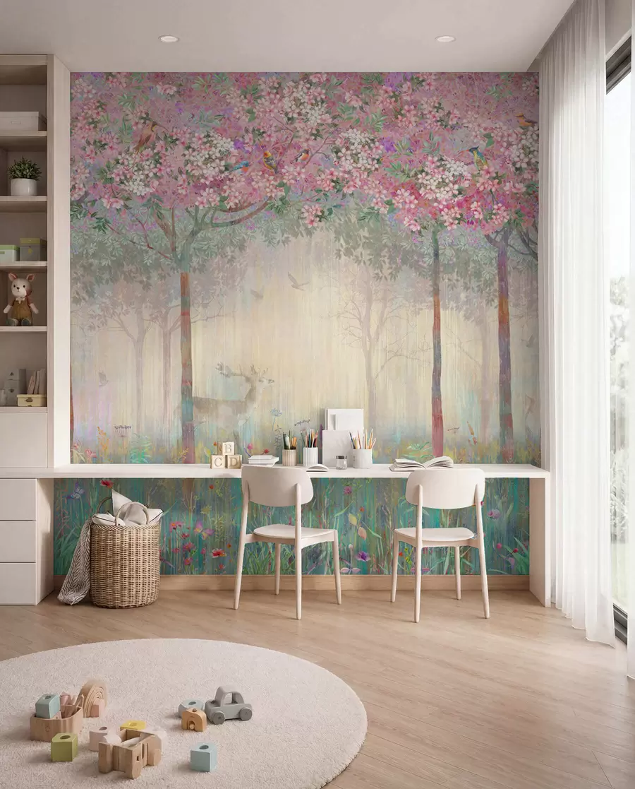 wall murals Цветно дрвеће са дугим стаблима, јелени између дрвећа u62100d2